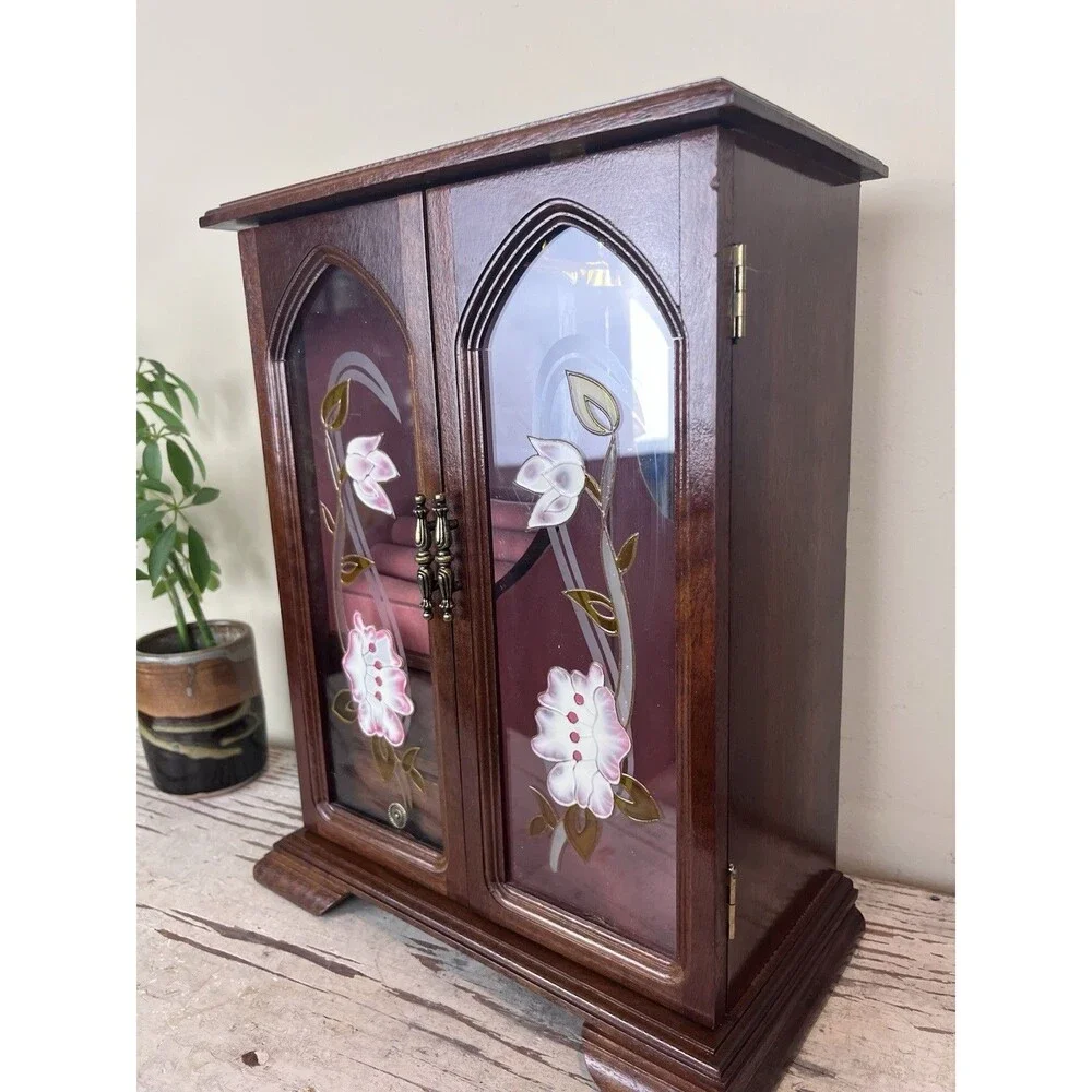 Vintage Wooden Jewelry Armoire Box Cabinet w/ Glass Floral Doors & Drawers